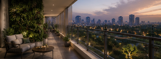 KW Ghaziabad large deck balcony with green wall and city skyline views